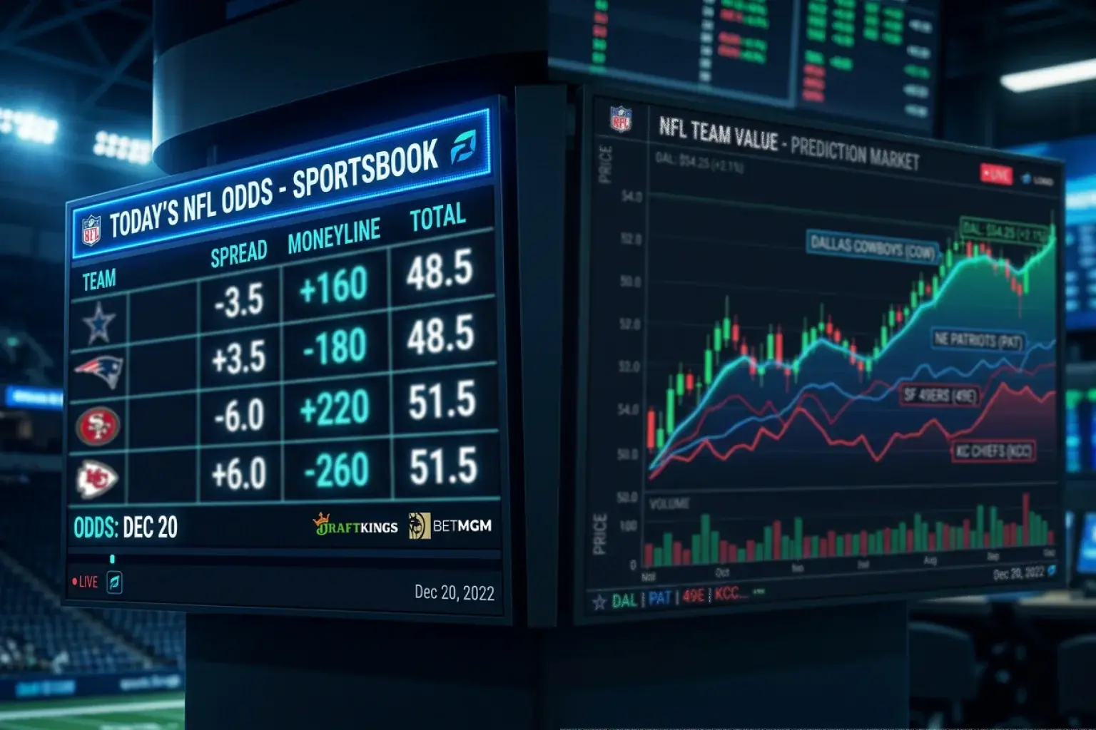 Vergelijking van prediction market interface en bookmaker-platform voor NFL-uitkomsten